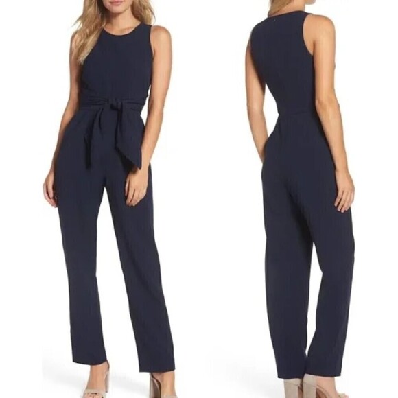 Eliza J Sleeveless Crepe Jumpsuit Navy Blue Size 12 NWT Tie Front - Picture 1 of 9